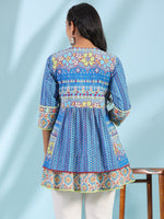Thumbnail for Juniper The Sujani Blue Floral Printed Pure Cotton Tunic With Thread Work - Distacart