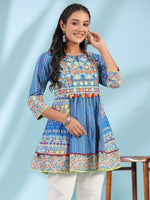 Thumbnail for Juniper The Sujani Blue Floral Printed Pure Cotton Tunic With Thread Work - Distacart