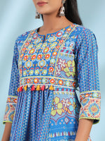 Thumbnail for Juniper The Sujani Blue Floral Printed Pure Cotton Tunic With Thread Work - Distacart