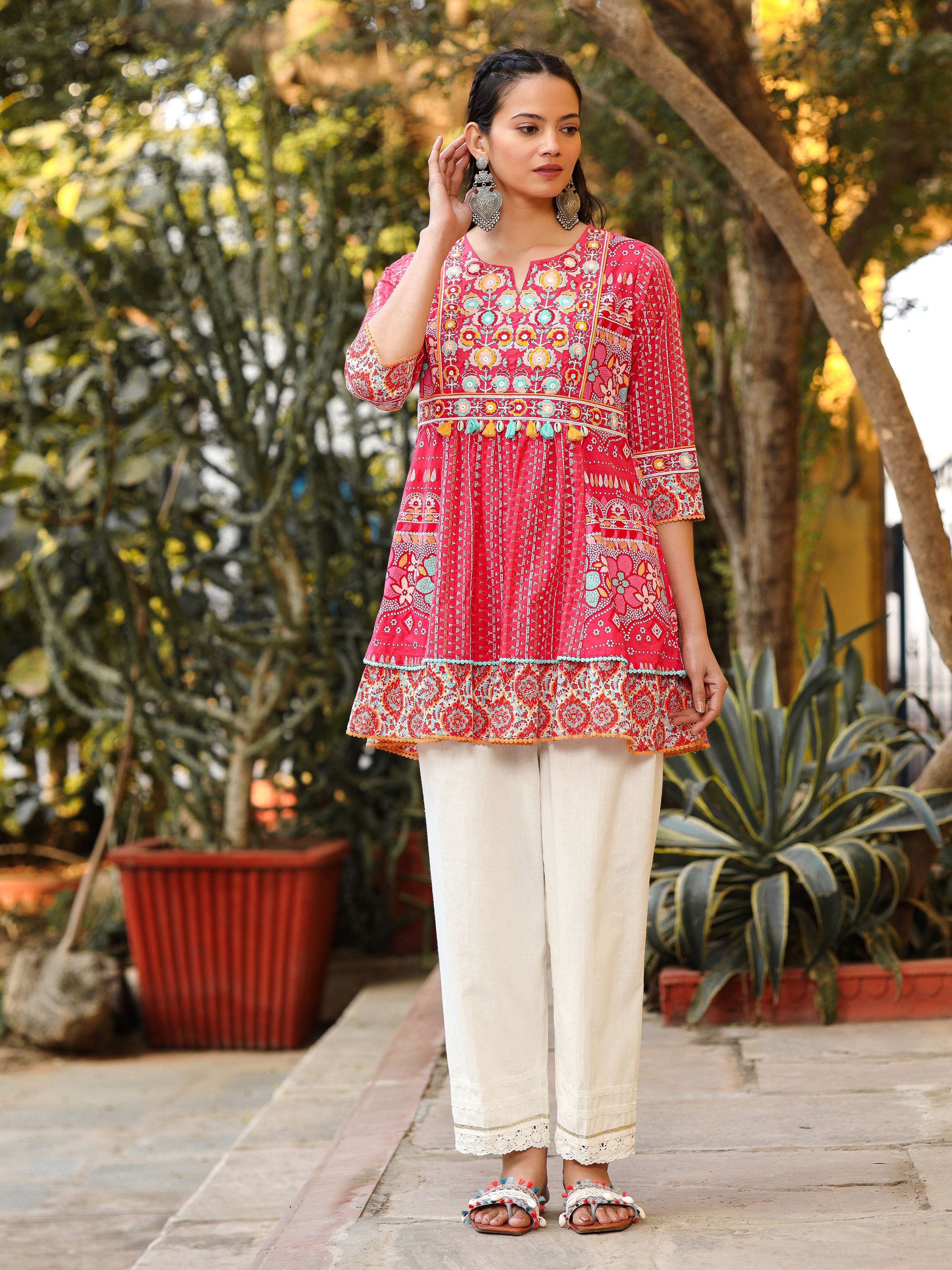 Juniper Women Pink Cotton Cambric printed & Embroidered Tunic - Distacart