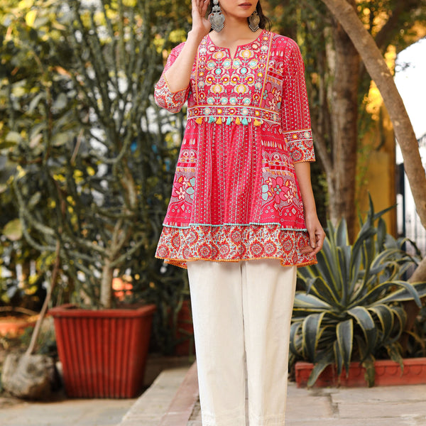 Juniper Women Pink Cotton Cambric printed & Embroidered Tunic - Distacart