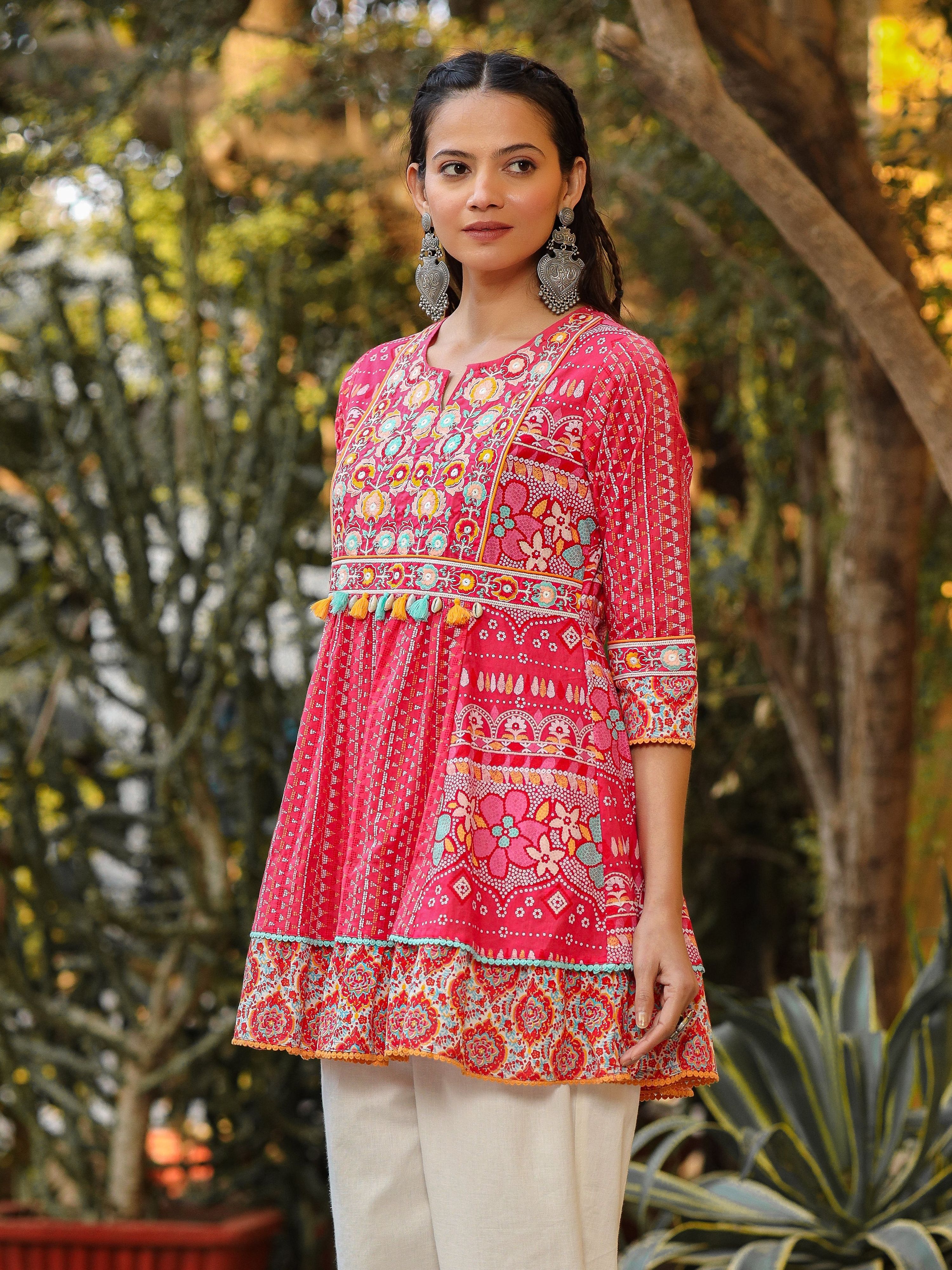Juniper Women Pink Cotton Cambric printed & Embroidered Tunic - Distacart