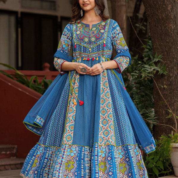 Juniper Blue Floral Printed Pure Cotton Anarkali Kurta Pants & Dupatta Set With Thread Work - Distacart