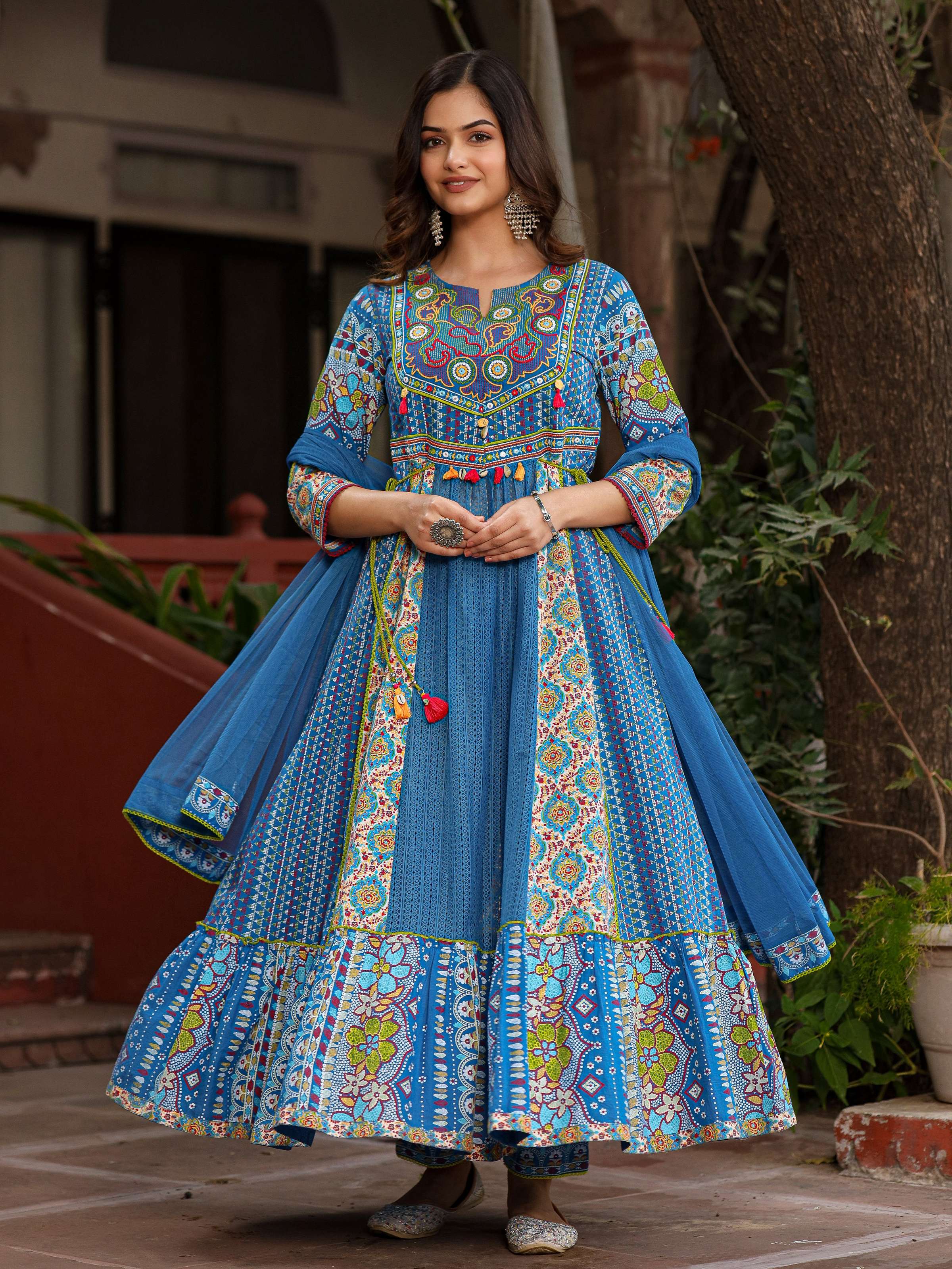 Juniper Blue Floral Printed Pure Cotton Anarkali Kurta Pants & Dupatta Set With Thread Work - Distacart