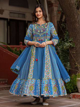 Juniper Blue Floral Printed Pure Cotton Anarkali Kurta Pants & Dupatta Set With Thread Work - Distacart