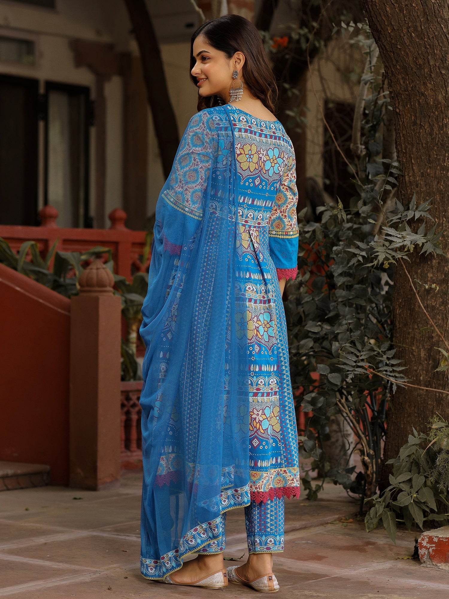 Juniper Sujani Blue Cotton & Net Floral Printed & Embroidered Panelled Kurta With Pants And Dupatta Set - Distacart