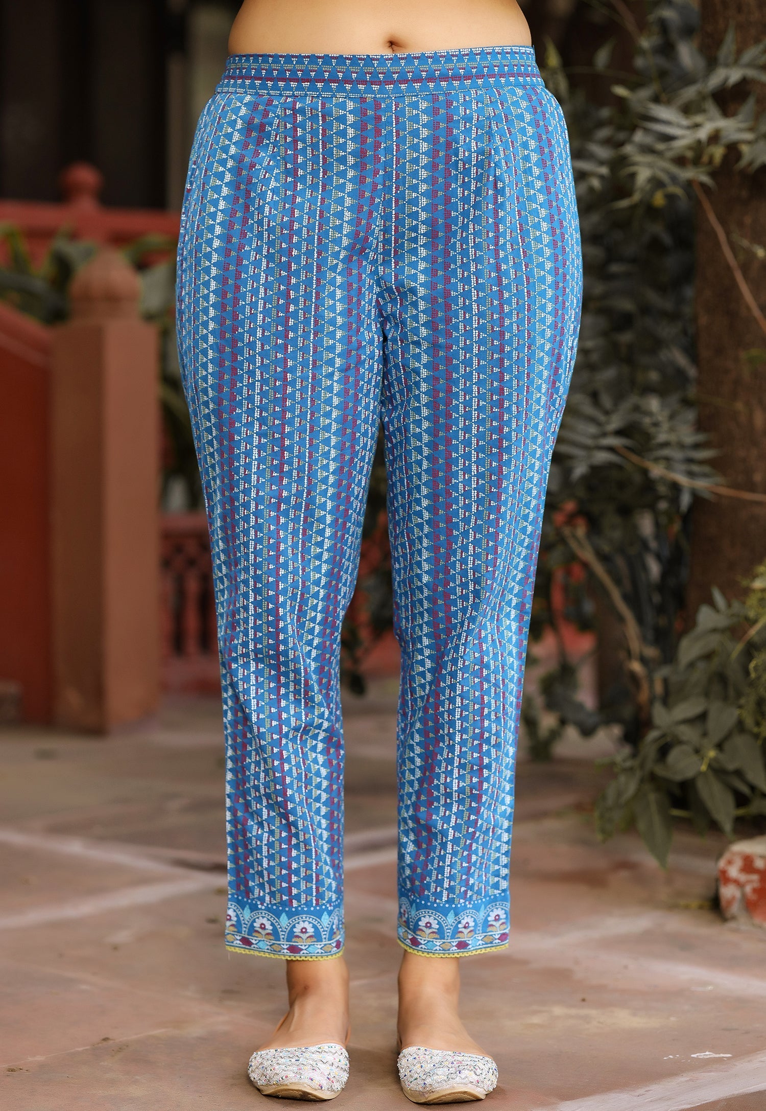 Juniper Sujani Blue Cotton & Net Floral Printed & Embroidered Panelled Kurta With Pants And Dupatta Set - Distacart
