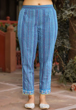 Thumbnail for Juniper Sujani Blue Cotton & Net Floral Printed & Embroidered Panelled Kurta With Pants And Dupatta Set - Distacart