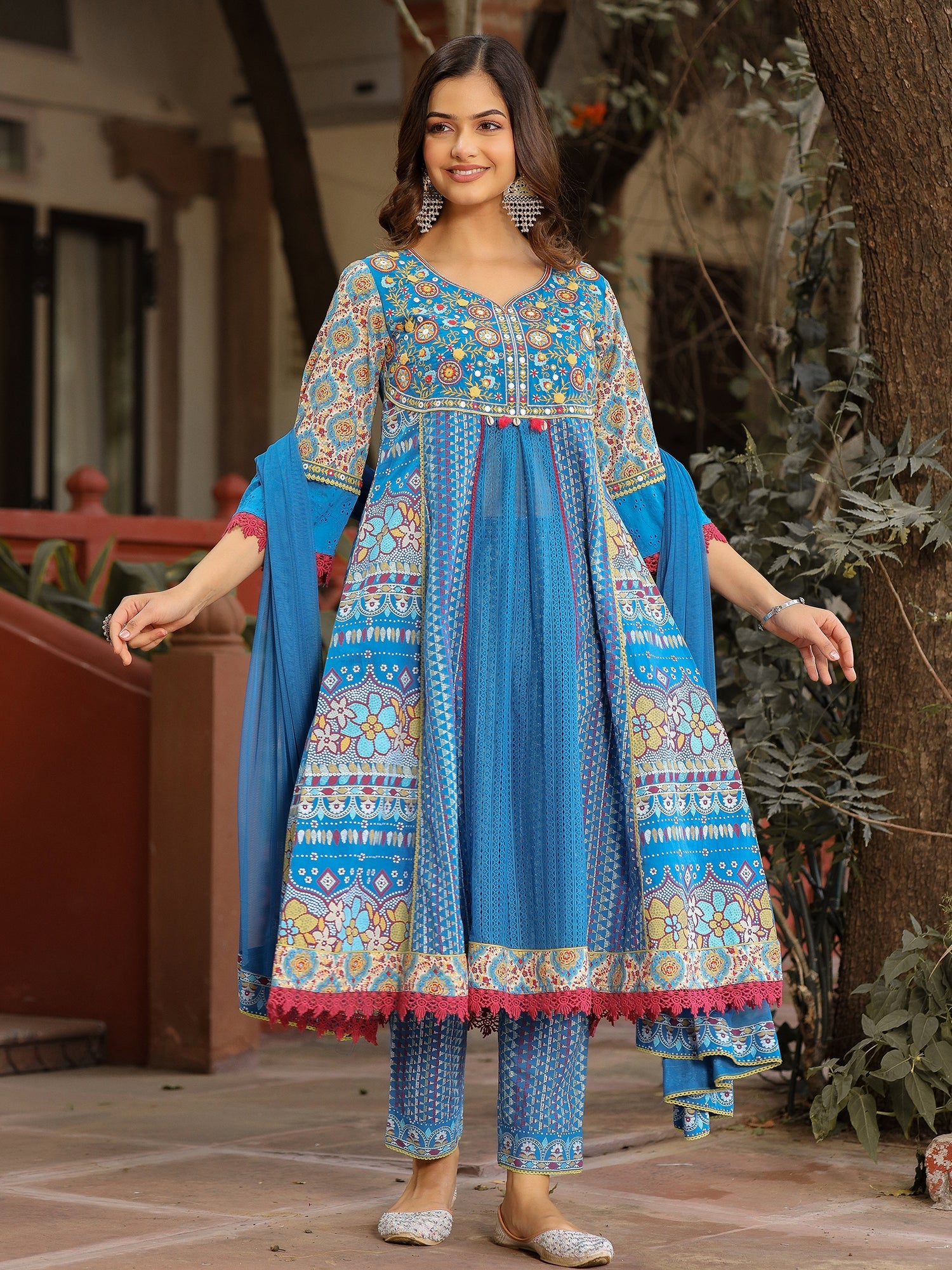 Juniper Sujani Blue Cotton & Net Floral Printed & Embroidered Panelled Kurta With Pants And Dupatta Set - Distacart