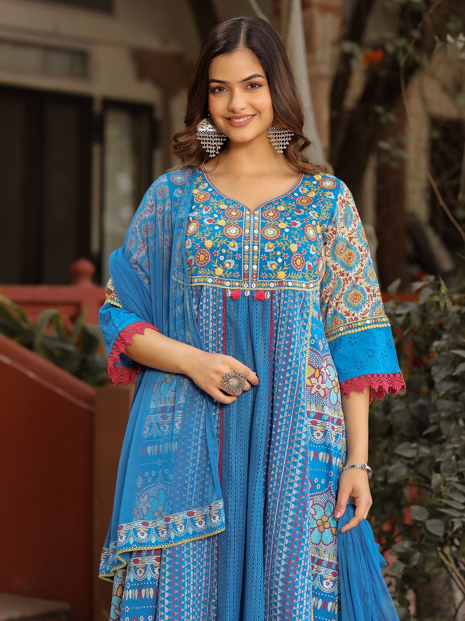 Juniper Sujani Blue Cotton & Net Floral Printed & Embroidered Panelled Kurta With Pants And Dupatta Set - Distacart