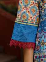 Thumbnail for Juniper Sujani Blue Cotton & Net Floral Printed & Embroidered Panelled Kurta With Pants And Dupatta Set - Distacart