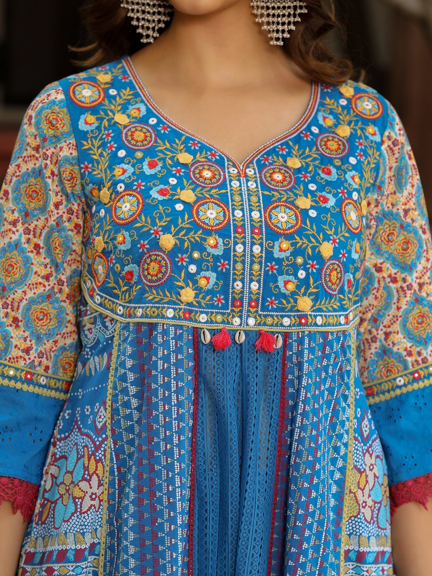 Juniper Sujani Blue Cotton & Net Floral Printed & Embroidered Panelled Kurta With Pants And Dupatta Set - Distacart