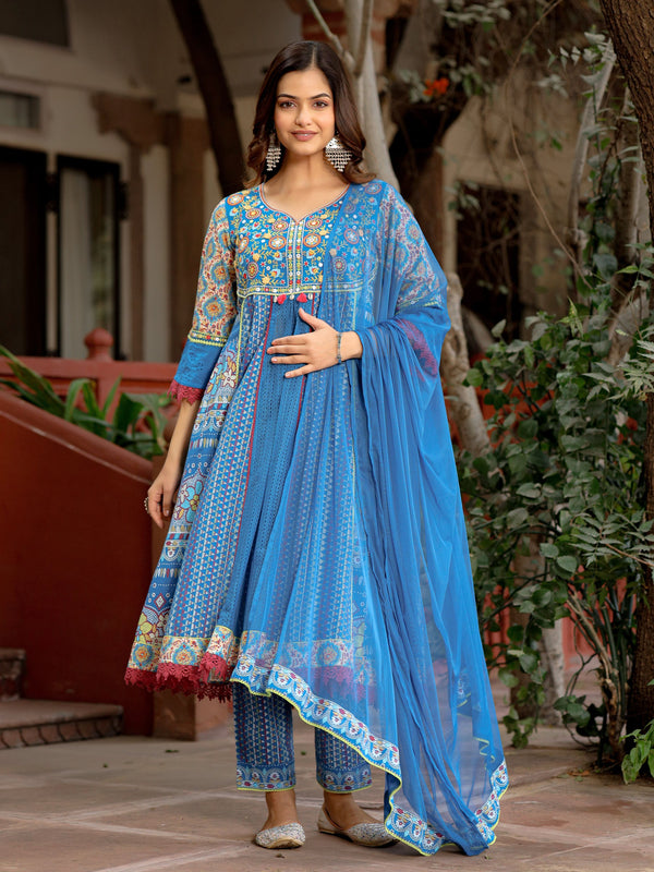 Juniper Sujani Blue Cotton & Net Floral Printed & Embroidered Panelled Kurta With Pants And Dupatta Set - Distacart