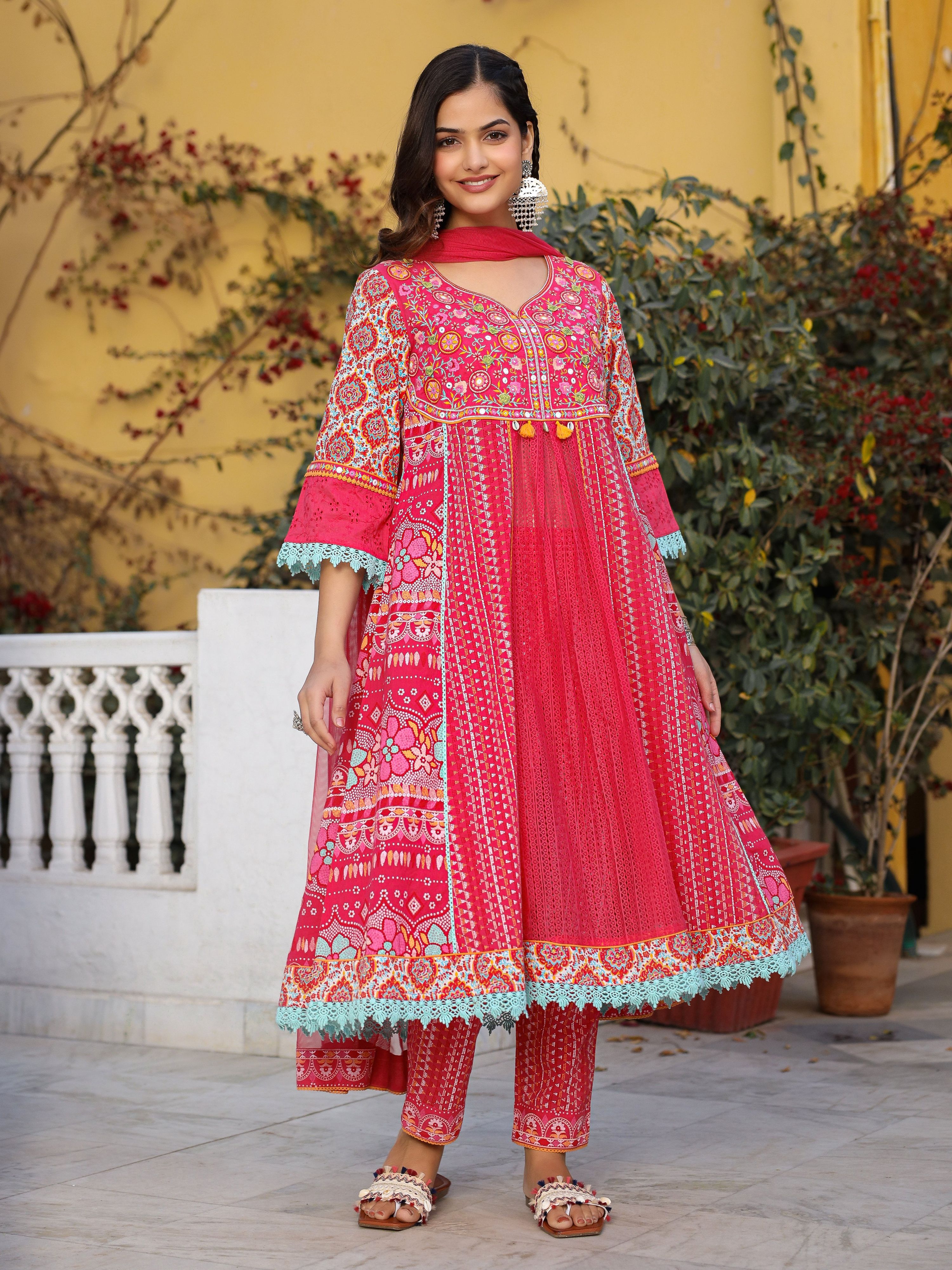 Juniper Sujani Pink Cotton & Net Floral Printed & Embroidered Panelled Kurta With Pants And Dupatta Set - Distacart