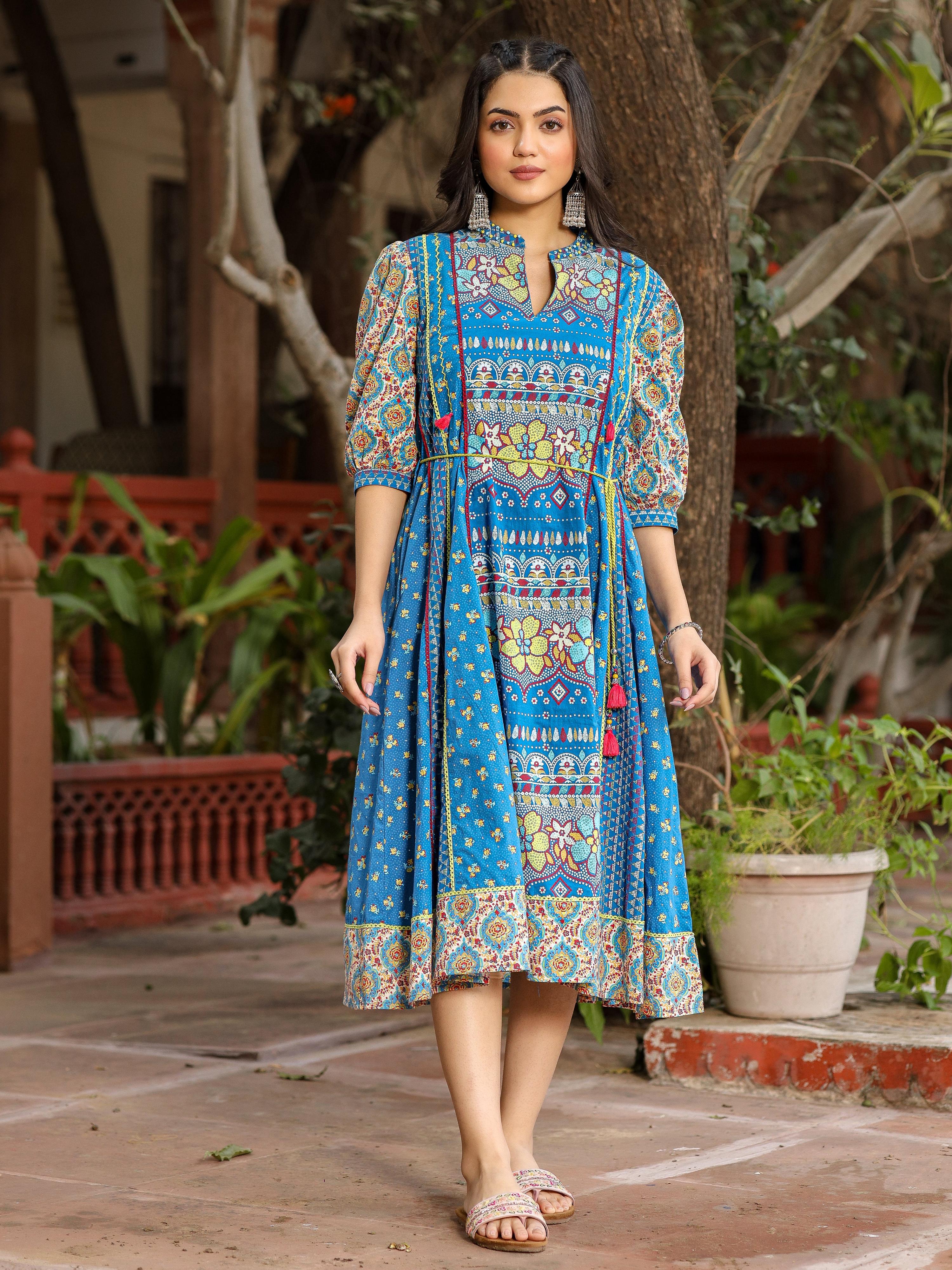 Juniper Blue Floral Printed Pure Cotton Dress & Doris With Beads Work - Distacart