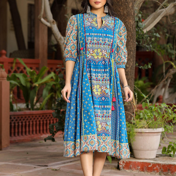 Juniper Blue Floral Printed Pure Cotton Dress & Doris With Beads Work - Distacart