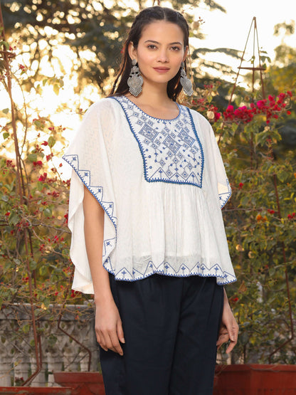 Juniper Women White Viscose Dobby Embroidered Tunic - Distacart
