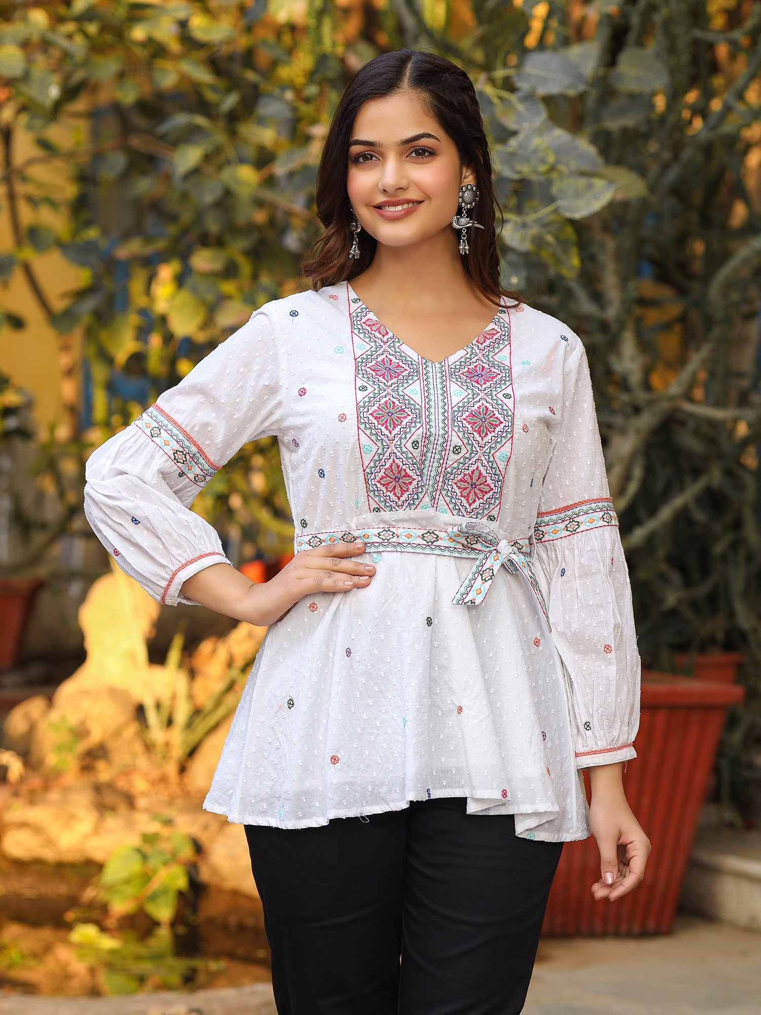 Juniper White Cotton Dobby Peplum Tunic With Multi Colored Thread Embroidery - Distacart