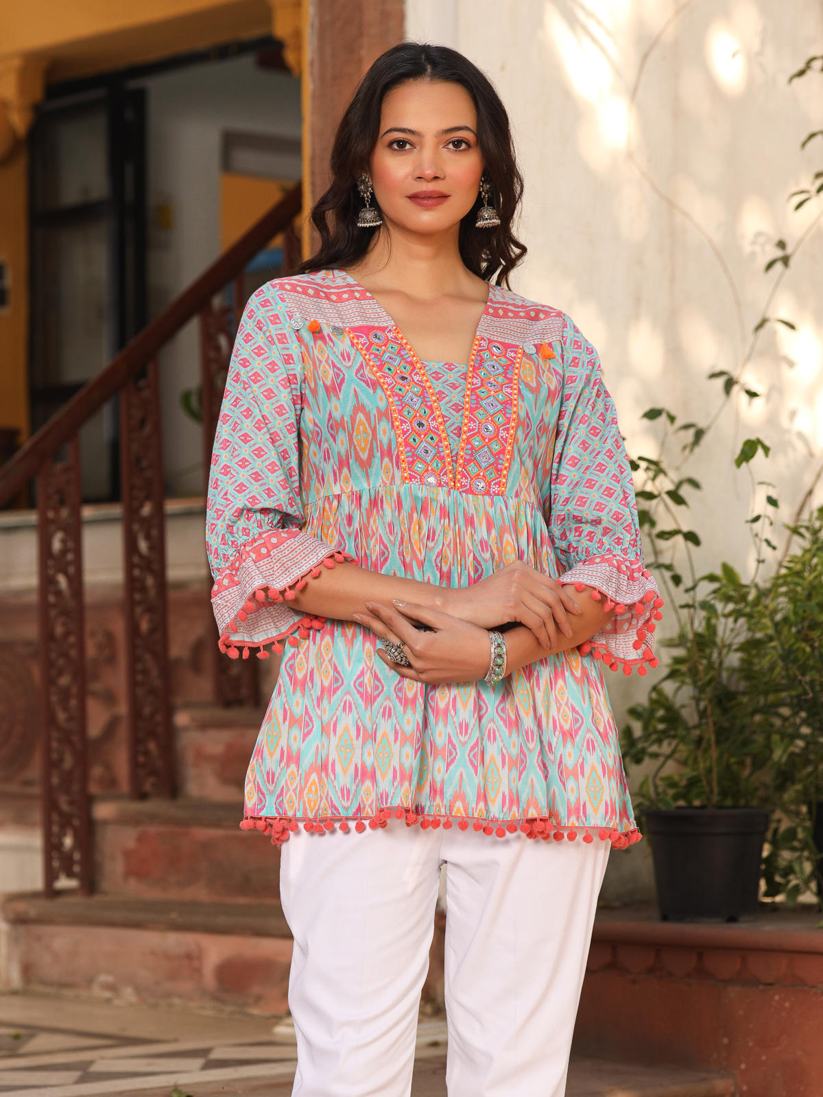 Juniper Women's Blue Embroidered Cotton Voile Peplum Tunic - Distacart