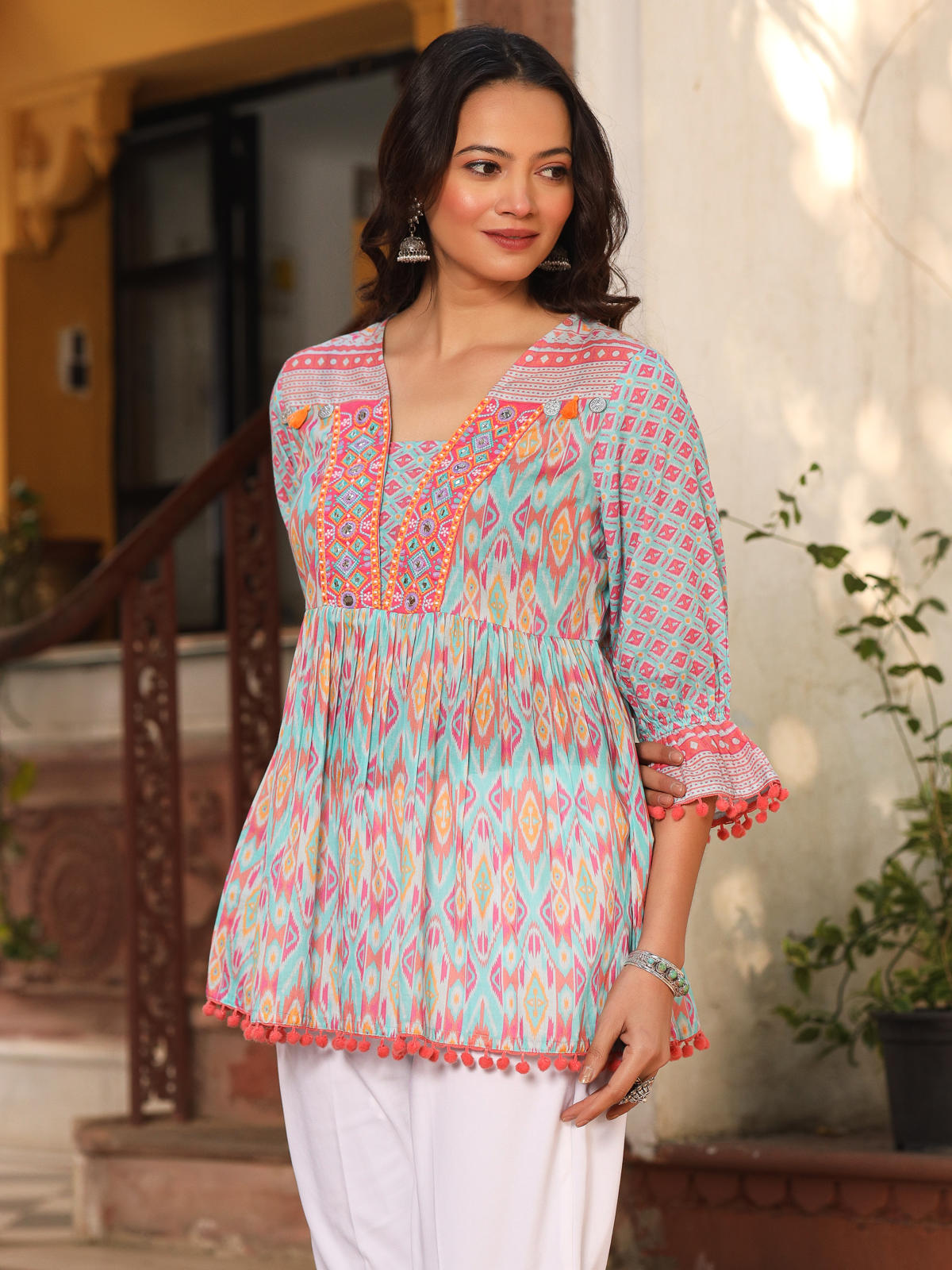 Juniper Women's Blue Embroidered Cotton Voile Peplum Tunic - Distacart