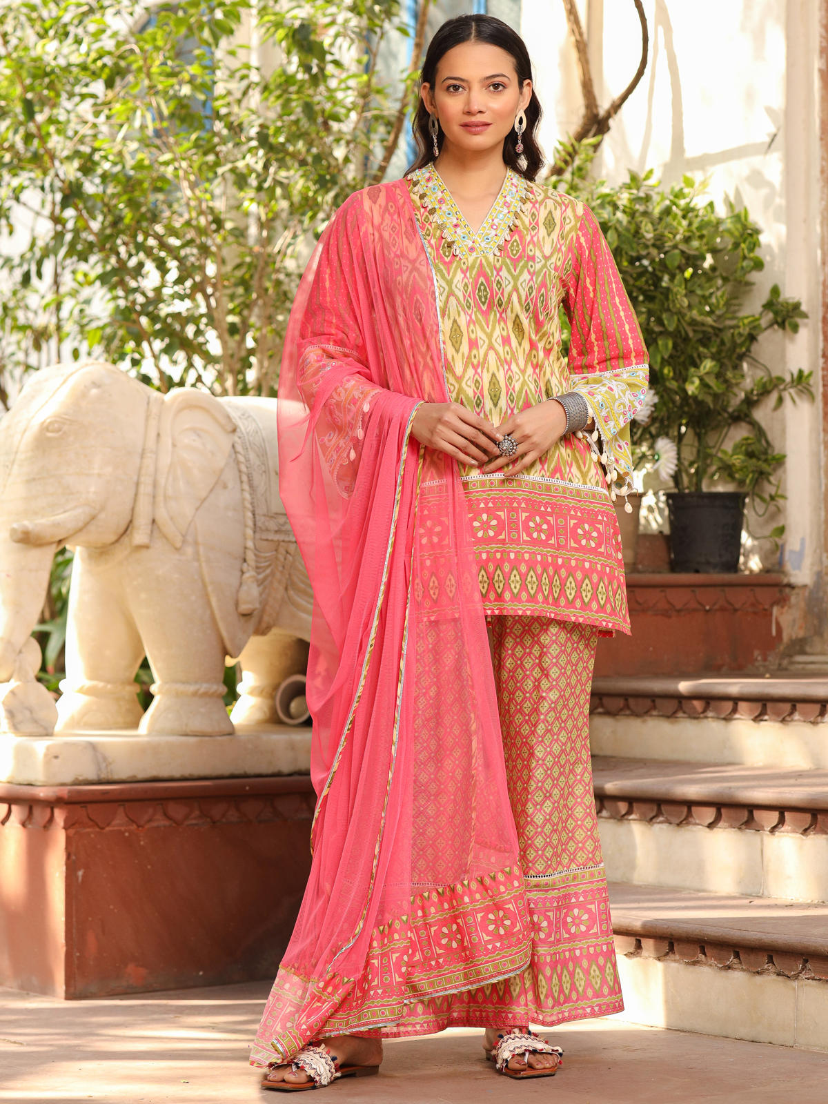 Juniper Women's Green Cotton Ikat Printed Short Kurta Bell Bottom & Dupatta With Threaded Embroidery & Kaudis - Distacart