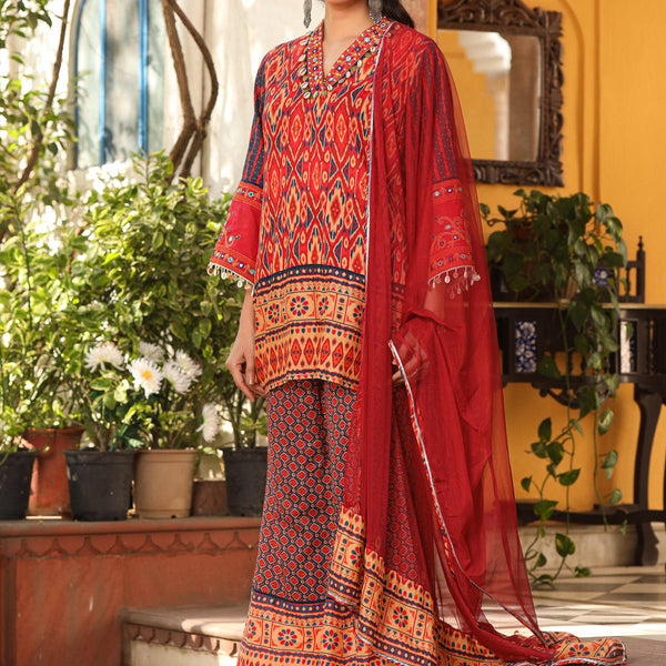 Juniper Women's Rust Ikat Printed Cotton Voile Kurta Bell Bottom & Dupatta Set With Coins Kaudis & Mirror Work - Distacart