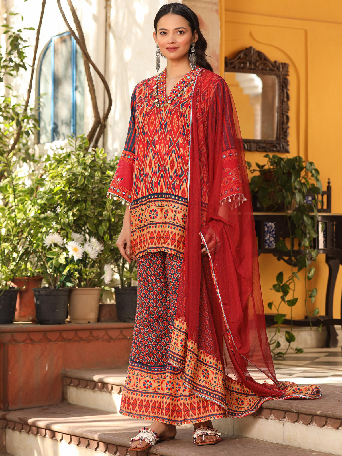 Juniper Women's Rust Ikat Printed Cotton Voile Kurta Bell Bottom & Dupatta Set With Coins Kaudis & Mirror Work - Distacart