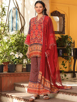 Thumbnail for Juniper Women's Rust Ikat Printed Cotton Voile Kurta Bell Bottom & Dupatta Set With Coins Kaudis & Mirror Work - Distacart