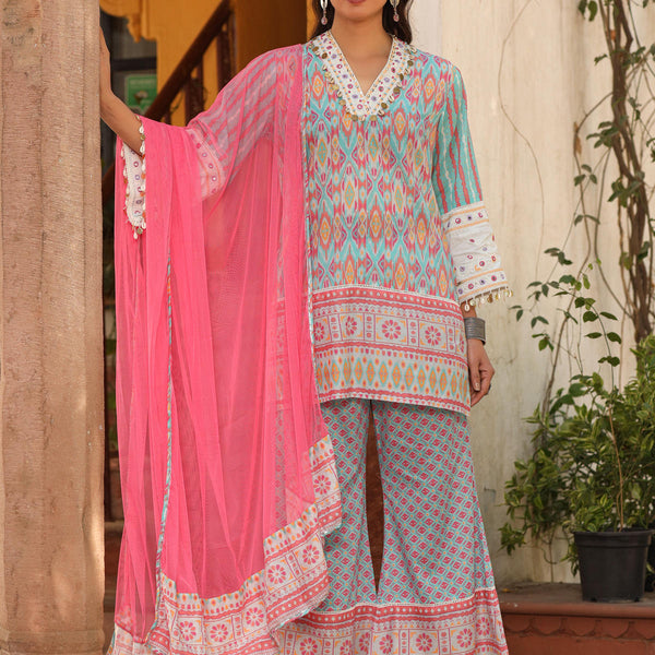 Juniper Women's Sky Blue Ikat Printed Cotton Voile Kurta Bell Bottom & Dupatta Set With Coins Kaudi & Mirror Work - Distacart
