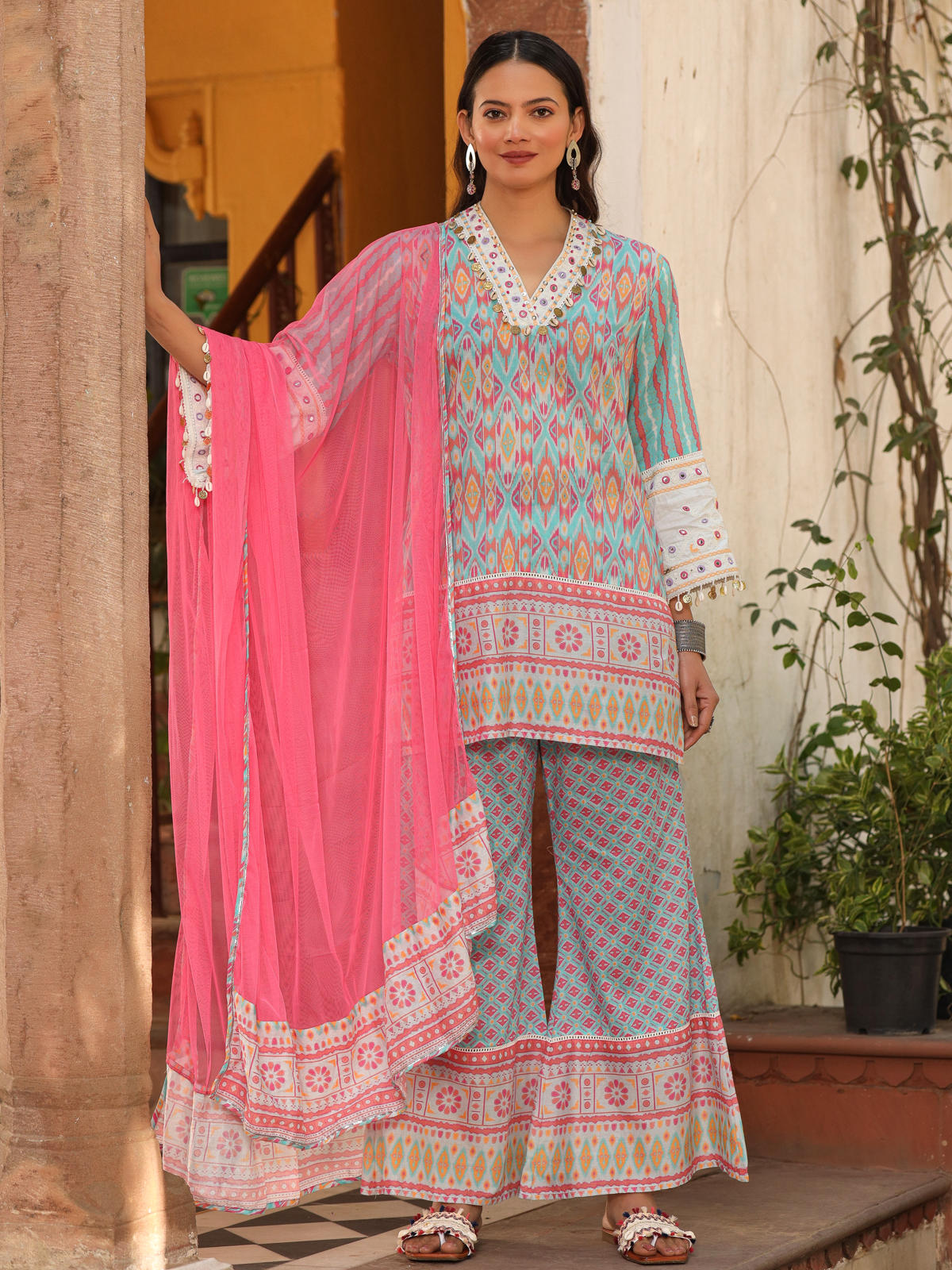 Juniper Women's Sky Blue Ikat Printed Cotton Voile Kurta Bell Bottom & Dupatta Set With Coins Kaudi & Mirror Work - Distacart