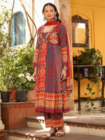 Thumbnail for Juniper Women's Rust Pure Cotton Ikat Printed Alia Cut Anarkali Kurta Set With Tassels & Thread Embroidery - Distacart