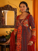 Thumbnail for Juniper Women's Rust Pure Cotton Ikat Printed Alia Cut Anarkali Kurta Set With Tassels & Thread Embroidery - Distacart