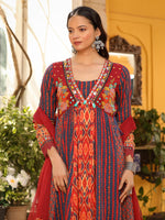 Thumbnail for Juniper Women's Rust Pure Cotton Ikat Printed Alia Cut Anarkali Kurta Set With Tassels & Thread Embroidery - Distacart