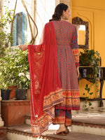 Thumbnail for Juniper Women's Rust Pure Cotton Ikat Printed Alia Cut Anarkali Kurta Set With Tassels & Thread Embroidery - Distacart