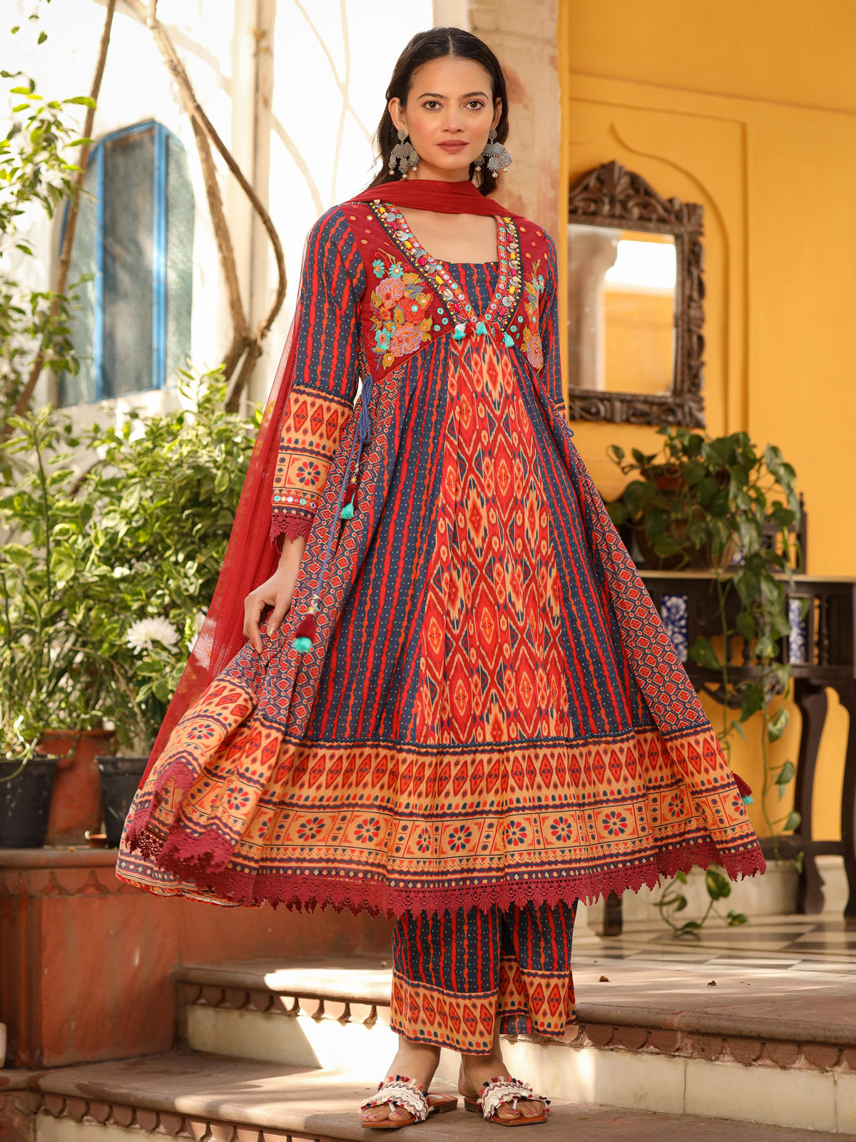 Juniper Women's Rust Pure Cotton Ikat Printed Alia Cut Anarkali Kurta Set With Tassels & Thread Embroidery - Distacart