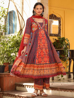 Thumbnail for Juniper Women's Rust Pure Cotton Ikat Printed Alia Cut Anarkali Kurta Set With Tassels & Thread Embroidery - Distacart
