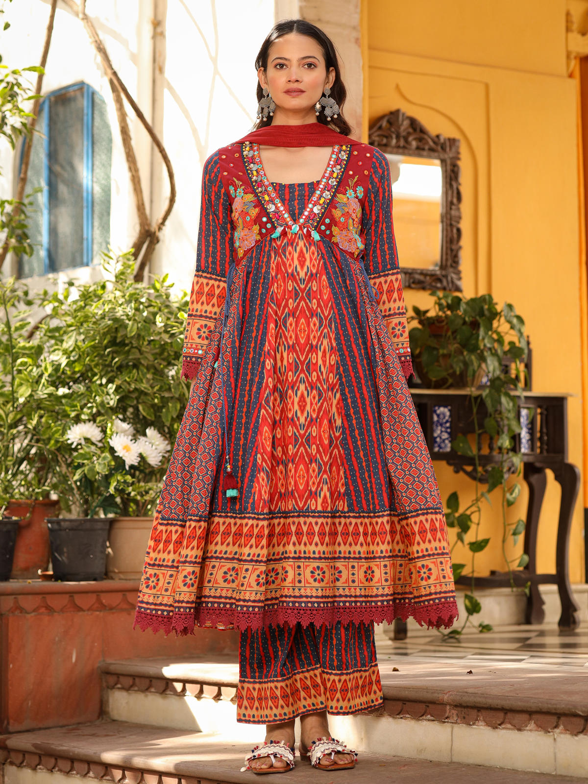 Juniper Women's Rust Pure Cotton Ikat Printed Alia Cut Anarkali Kurta Set With Tassels & Thread Embroidery - Distacart