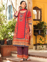 Thumbnail for Juniper Rust Cotton Ikat Printed Kurta With Pants And Dupatta Set With Thread Embroidery & Laces (3-Pcs) - Distacart