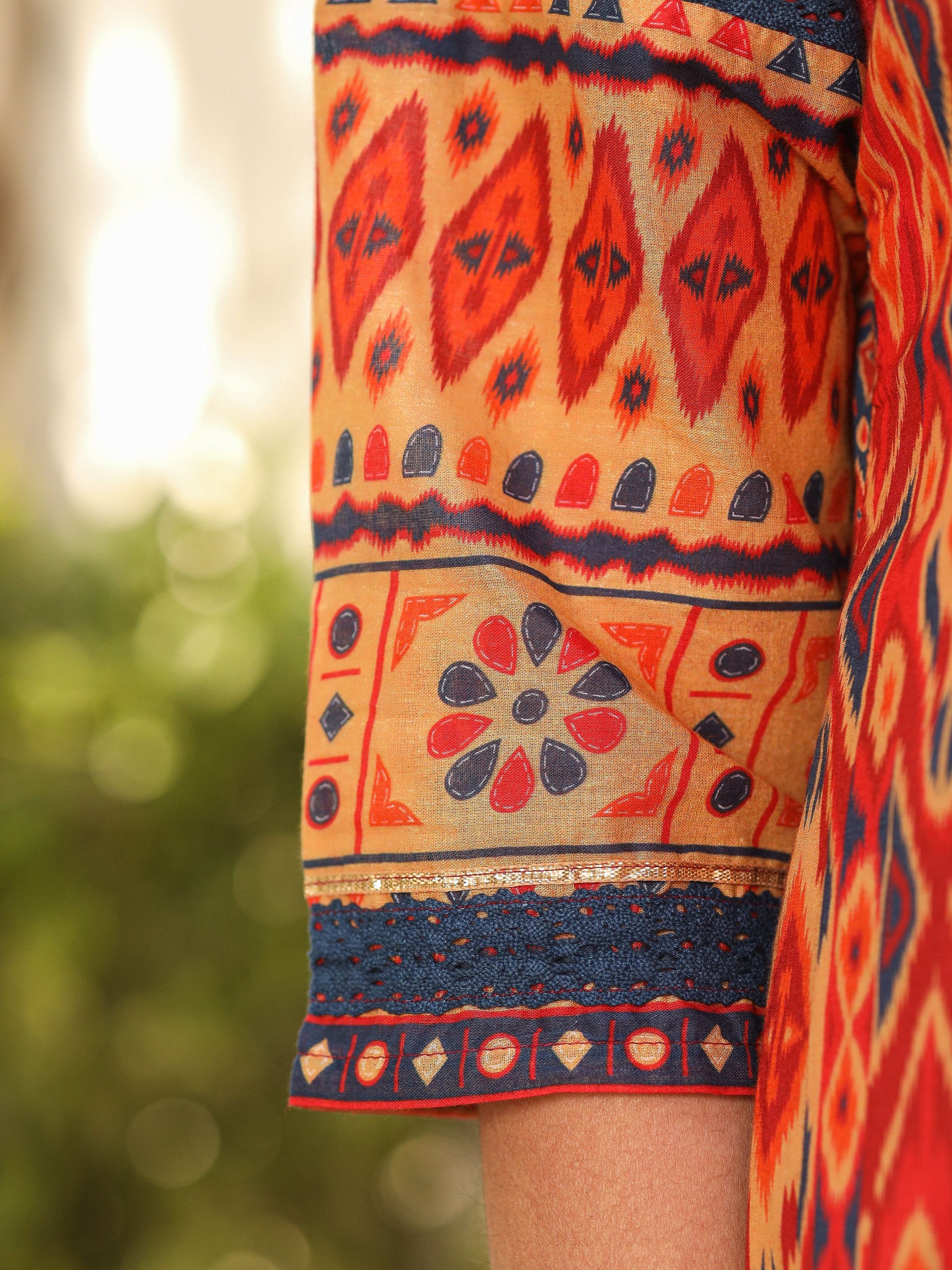 Juniper Rust Cotton Ikat Printed Kurta With Pants And Dupatta Set With Thread Embroidery & Laces (3-Pcs) - Distacart