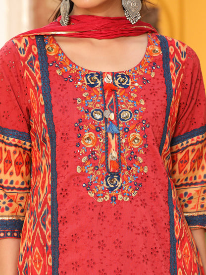 Juniper Rust Cotton Ikat Printed Kurta With Pants And Dupatta Set With Thread Embroidery & Laces (3-Pcs) - Distacart