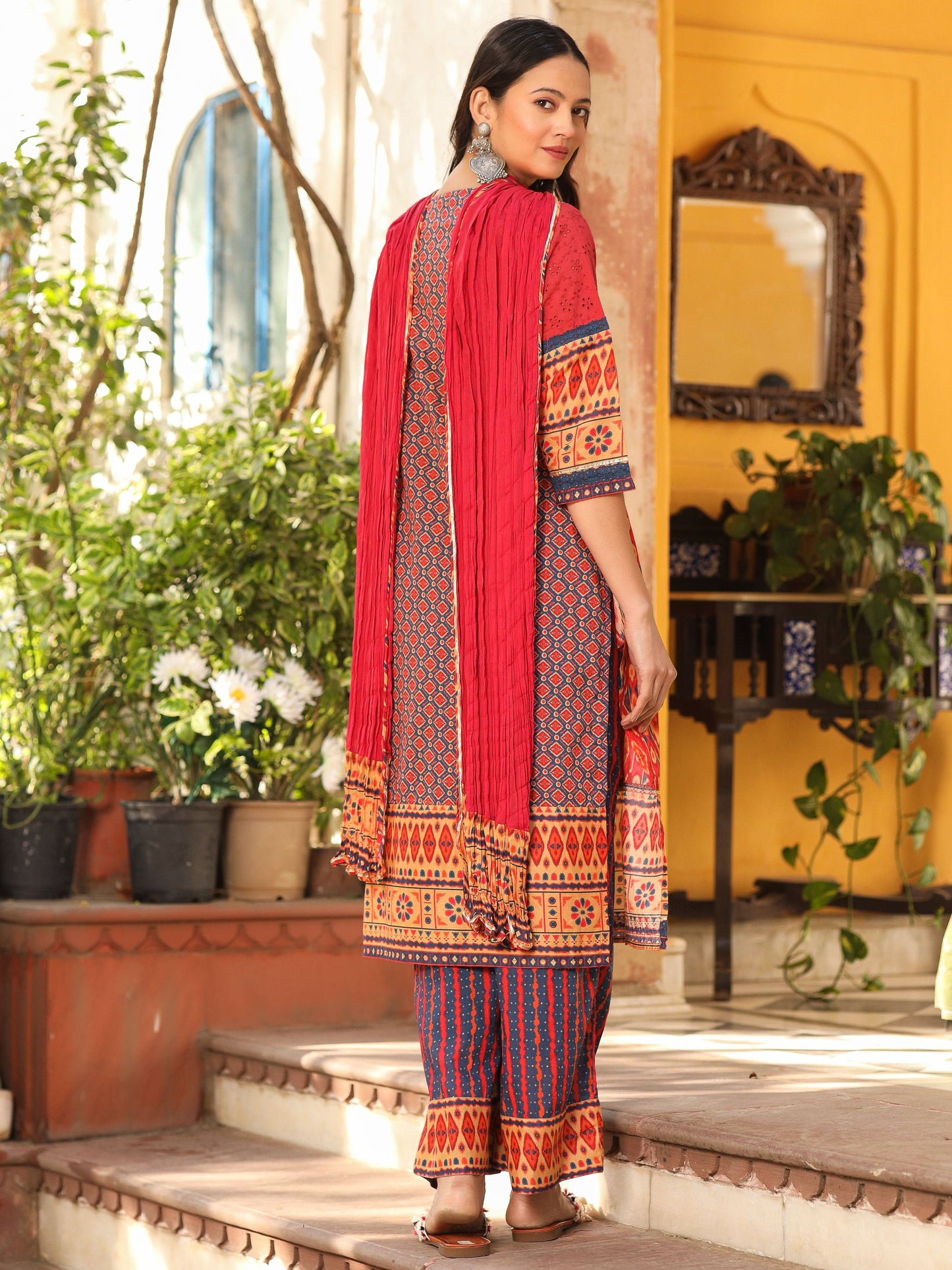 Juniper Rust Cotton Ikat Printed Kurta With Pants And Dupatta Set With Thread Embroidery & Laces (3-Pcs) - Distacart