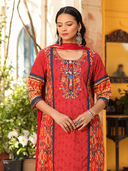 Juniper Rust Cotton Ikat Printed Kurta With Pants And Dupatta Set With Thread Embroidery & Laces (3-Pcs) - Distacart