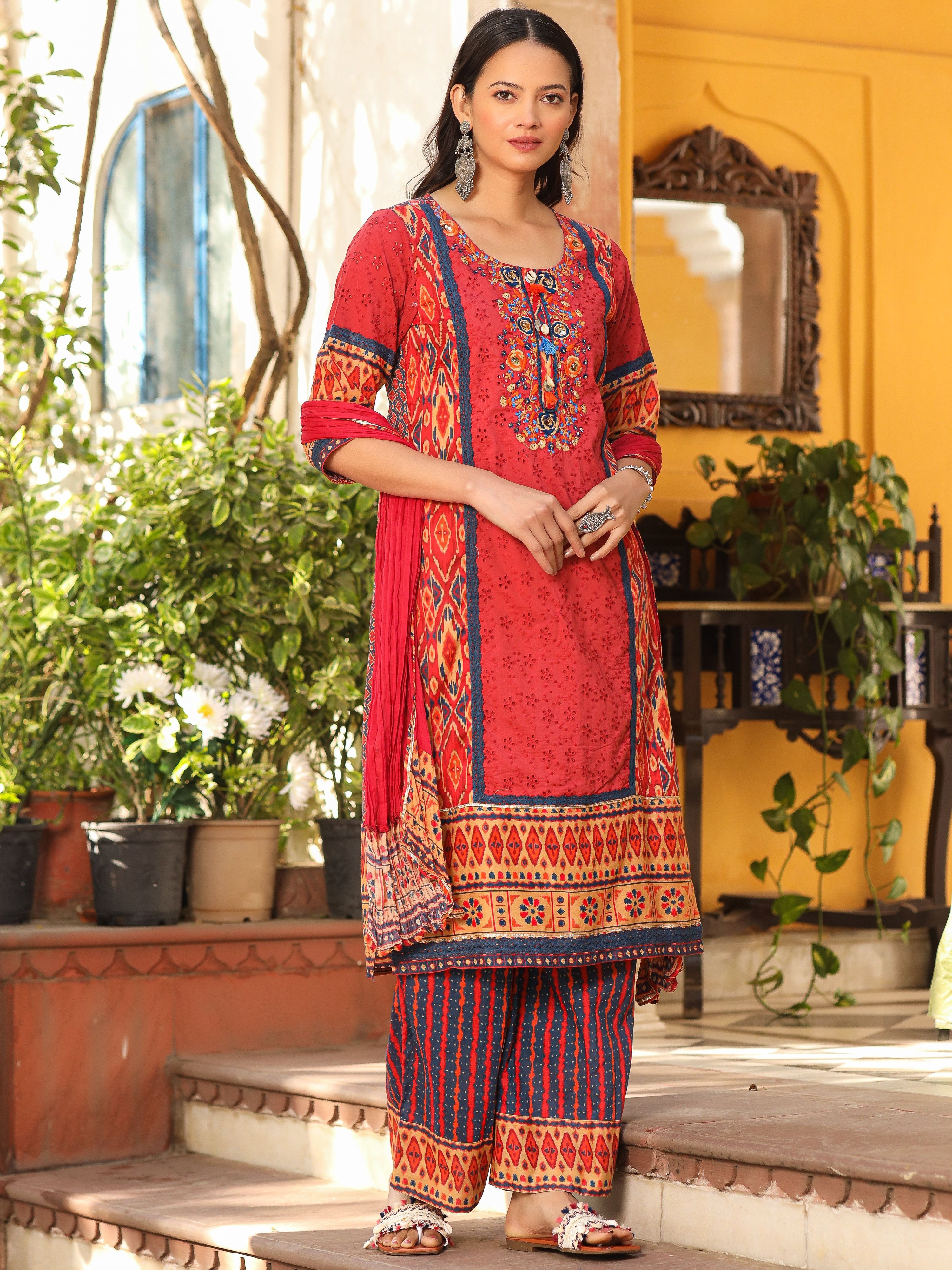 Juniper Rust Cotton Ikat Printed Kurta With Pants And Dupatta Set With Thread Embroidery & Laces (3-Pcs) - Distacart