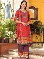 Thumbnail for Juniper Rust Cotton Ikat Printed Kurta With Pants And Dupatta Set With Thread Embroidery & Laces (3-Pcs) - Distacart