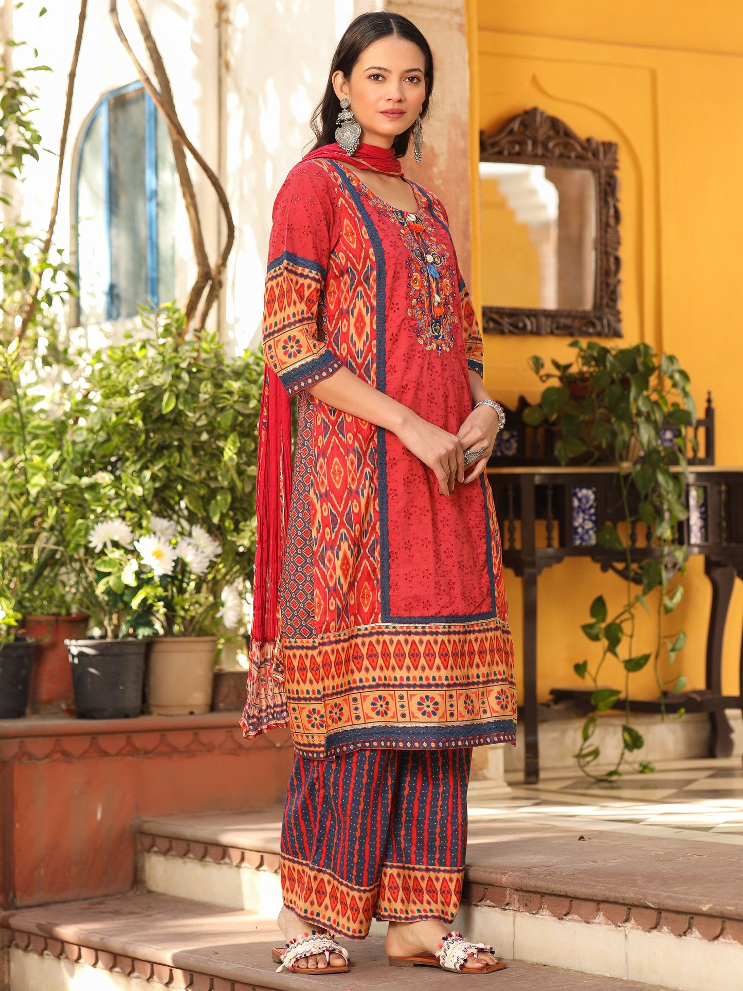 Juniper Rust Cotton Ikat Printed Kurta With Pants And Dupatta Set With Thread Embroidery & Laces (3-Pcs) - Distacart