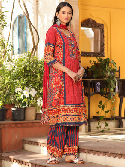 Juniper Rust Cotton Ikat Printed Kurta With Pants And Dupatta Set With Thread Embroidery & Laces (3-Pcs) - Distacart