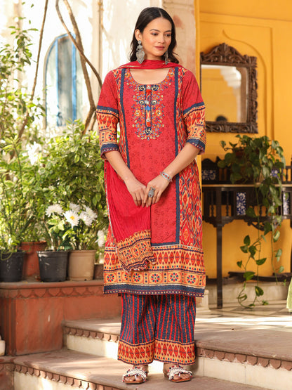 Juniper Rust Cotton Ikat Printed Kurta With Pants And Dupatta Set With Thread Embroidery & Laces (3-Pcs) - Distacart