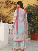 Thumbnail for Juniper Sky Blue Cotton Ikat Printed Kurta With Pants And Dupatta Set With Thread Embroidery & Laces - Distacart
