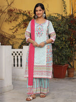Thumbnail for Juniper Sky Blue Cotton Ikat Printed Kurta With Pants And Dupatta Set With Thread Embroidery & Laces - Distacart
