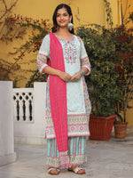 Thumbnail for Juniper Sky Blue Cotton Ikat Printed Kurta With Pants And Dupatta Set With Thread Embroidery & Laces - Distacart